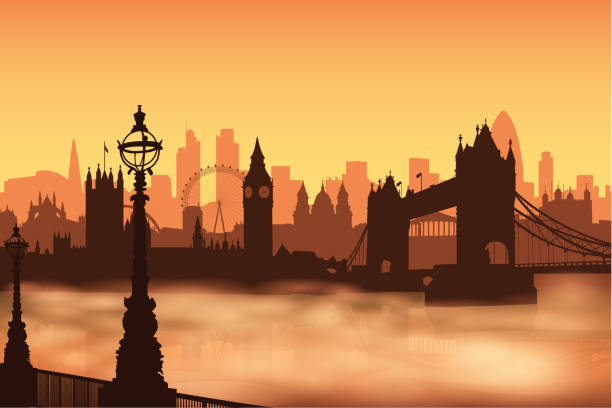 ilustraciones, imágenes clip art, dibujos animados e iconos de stock de siluetas de vistas de londres en la niebla sobre el río - houses of parliament london london england famous place panoramic