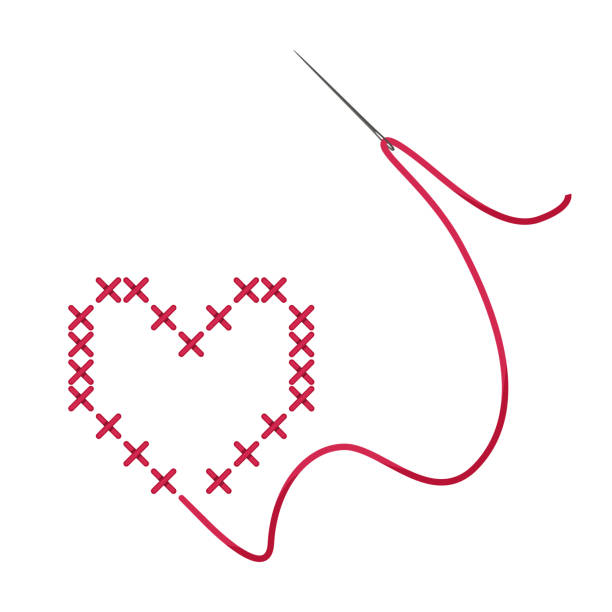 illustrazioni stock, clip art, cartoni animati e icone di tendenza di punto croce. cuore rosso, ricamato con una croce. ago e filo. ricamo. illustrazione vettoriale isolata su uno sfondo bianco per il design e il web. - embroidery thread needle sewing