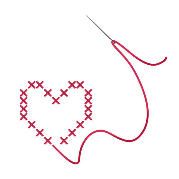 ilustrações, clipart, desenhos animados e ícones de ponto cruzado. coração vermelho, bordado com uma cruz. agulha e linha. bordado. ilustração vetorial isolada em um fundo branco para design e web. - sewing thread embroidery textile