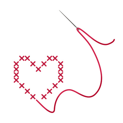 Cross-stitch. Red heart, embroidered with a cross. Needle and thread. Embroidery. Vector illustration isolated on a white background for design and web.