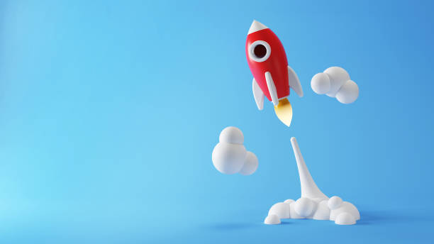 istock Rocket launch on a blue background. Launching a business product to the market. 3D rendering. 1367773950