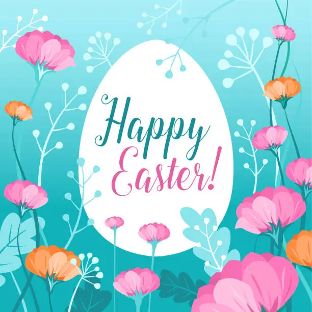 Vector illustration of Happy Easter greeting card. Pastel easter egg with floral pattern, vector illustration. Ornament, pattern, pink, orange and green pastel colors, leaves and flowers. Text of Happy Easter on egg.