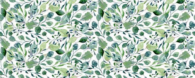 Watercolor seamless pattern with green twigs. Spring botanic print with natural elements. Hand drawn illustration.