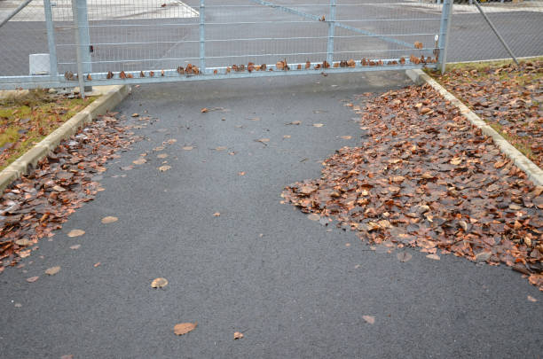 istock failing autumn maintenance when leaves form deposits on the roadside. the automatic galvanized gate slides sideways on the rail. on the remote control, industrial object 1367779652