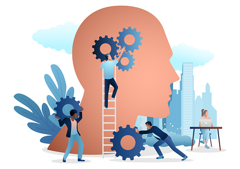 Vector illustration of group of people installing gears in human head, concept for business initiatives, creating ideas, creativity, positive working environment
