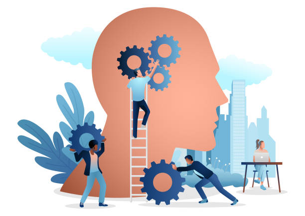 Group of people installing gears in human head Vector illustration of group of people installing gears in human head, concept for business initiatives, creating ideas, creativity, positive working environment preparation stock illustrations