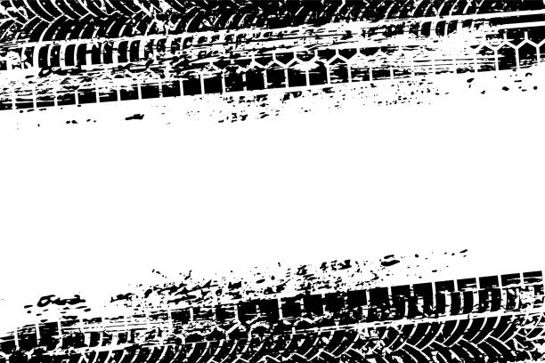 Tire tracks on dirt asphalt road, black abstract ink grunge texture of car or bike Tire tracks on dirt asphalt road vector illustration. Black abstract ink grunge texture of motorcycle, car vehicle and bike, diagonal rubber wheels pattern silhouettes isolated on white background sports track stock illustrations