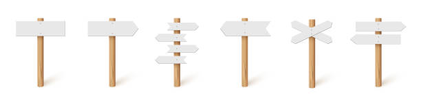 3d wooden sign post set, realistic blank signboard on road for pointing direction 3d wooden sign post set vector illustration. Realistic blank signboard on road collection, plywood pointer and timber with wood texture in signpost for pointing direction isolated on white background directional sign stock illustrations
