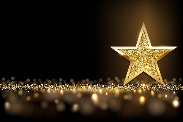 ilustrações de stock, clip art, desenhos animados e ícones de golden sparkling star isolated on dark luxury horizontal background. vector design element - award