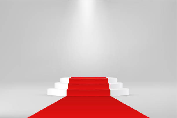 istock Red carpet on 3d round podium for winners and exclusive events, realistic triple platform 1367782810