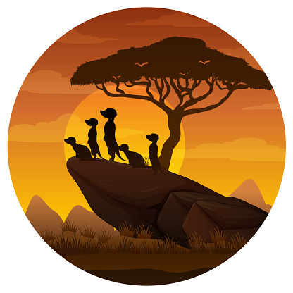 Meerkat family silhouette in savanna forest illustration