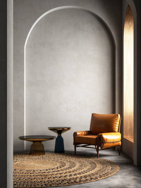 modern arches interior composition with orange lounge chair and decor. - wall plaster indoors blank imagens e fotografias de stock