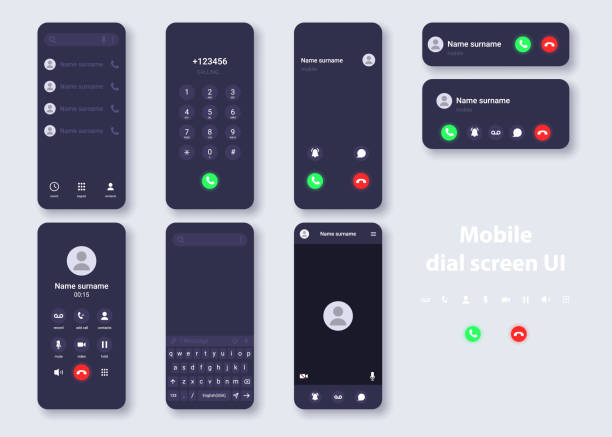 illustrations, cliparts, dessins animés et icônes de modèle de concept de thème sombre de l’interface utilisateur du smartphone. conception de contacts, numéroteur, appel, appel vidéo, clavier pour taper des messages sur l’écran du téléphone. - telephone