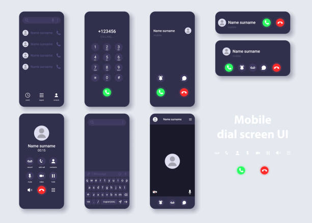 smartphone user interface dark theme concept template. design of contacts, dialer, call, video call, keyboard for typing messages on phone display. - iphone 幅插畫檔、美工圖案、卡通及圖標