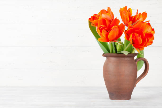 Tulip flowers bouquet. Easter greeting card template. With space for your greetings