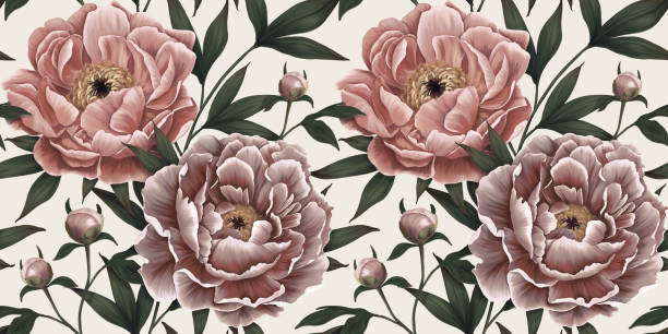 istock Floral seamless pattern. Botanical wallpaper with realistic peonies, dark background. Vintage hand drawn flowers, buds, leaves for wallpapers, fabrics, wrapping paper, banners, blogs, social media 1367784758
