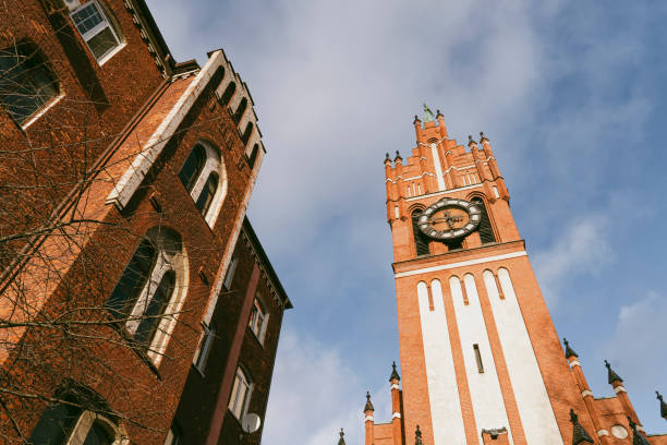 istock beautiful German Gothic architecture. Red brick tower on blue sky background 1367784902