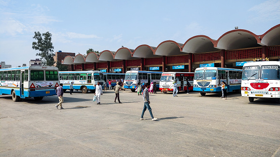 Hansi, haryana, November 2021 : Haryana Roadways buses parked at the bus stand of a city in Haryana