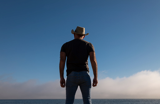 Rear view of adult man in cowboy hat and jeans against blue sky