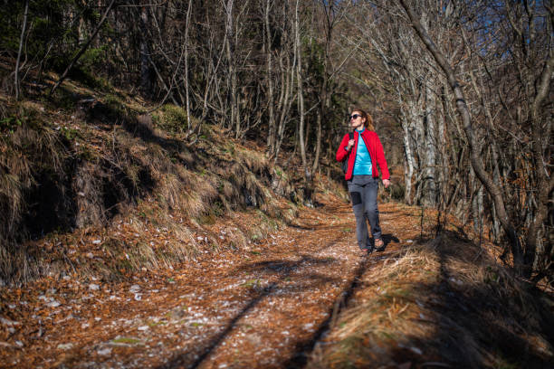 istock Joyful Woman With A Bacpack Walking In Forest 1367785898