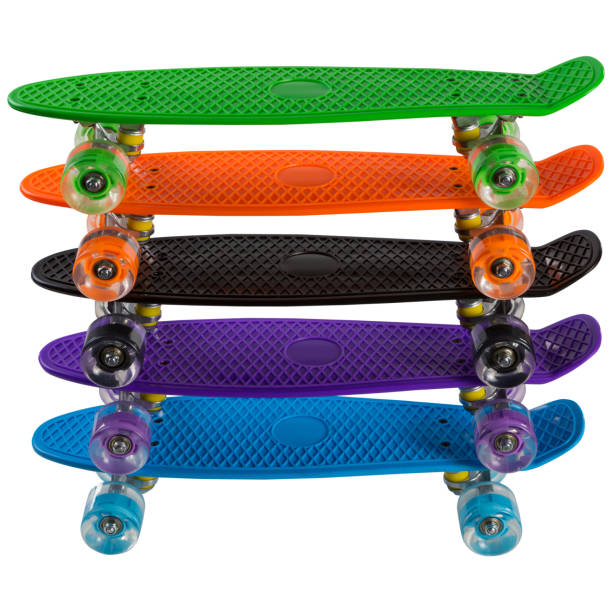 istock five colored skateboards, with a plastic deck, are stacked one on top of the other, on a white background, isolated 1367786690