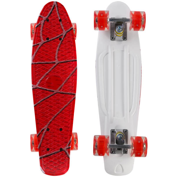 istock red skateboard lies in two positions - top view and reverse side, silicone wheels, collage, on a white background 1367786699