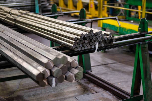 istock Bundle of hexagonal metal rods, hot rolled steel 1367788034