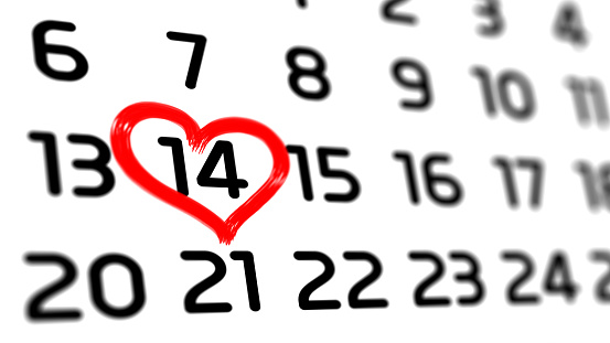 Valentine's Day. Calendar with holiday February 14 and notice in heart shape. 3d illustration.