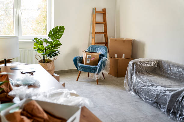 istock Empty flat with carton boxes and furnitures covered with plastic foil 1367789232