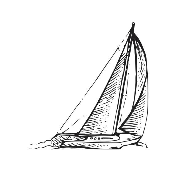 Sailing yacht floats on waves. Small ship for recreation and travel. Outline sketch. Hand drawing isolated on white background. Vector Sailing yacht floats on waves. Small ship for recreation and travel. Outline sketch. Hand drawing isolated on white background. Vector. lighthouse drawings stock illustrations