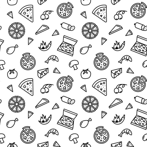 ilustrações, clipart, desenhos animados e ícones de padrão vetorial sem emenda com pizza. para tecido, papel, envoltório, têxtil, pôster, scrapbooking, papel de parede ou fundo, para site ou aplicativo móvel - cheese backgrounds pattern portion