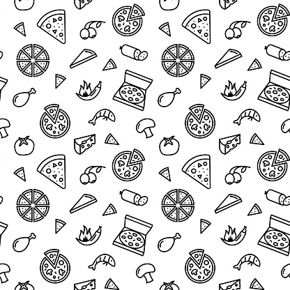 Seamless vector pattern with Pizza. For fabric, paper, wrap, textile, poster, scrapbooking, wallpaper or background, for web site or mobile app