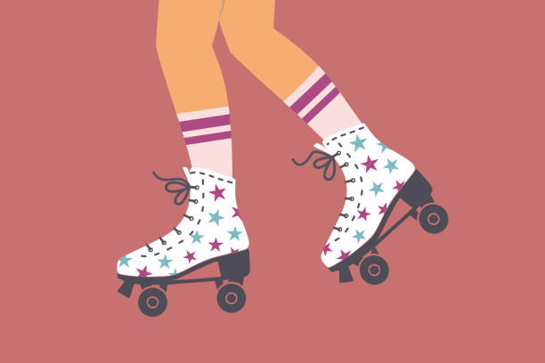 Roller skates. Vintage quad roller skating. Retro rollers. Park skates. Legs in knee high socks. Roller skates. Vintage quad roller skating. Retro rollers. Park skates. Legs in knee high socks. Sport lifestyle active leisure. Outdoor and indoor activity. Colorful Isolated flat vector illustration roller rink stock illustrations