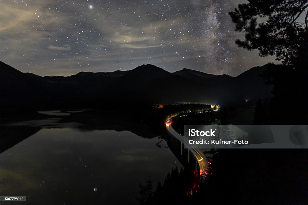 Milky way over lake Sylvenstein Germany Milky Way above the Sylvenstein reservoir in the Bavarian Alps Astronomy Stock Photo