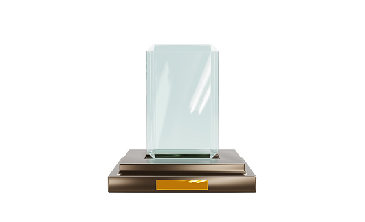 3d render, glass award trophy or winner prize on wooden pedestal, front view. Mockup empty crystal plate or clear rectangular acrylic frame isolated on white background, Realistic illustration