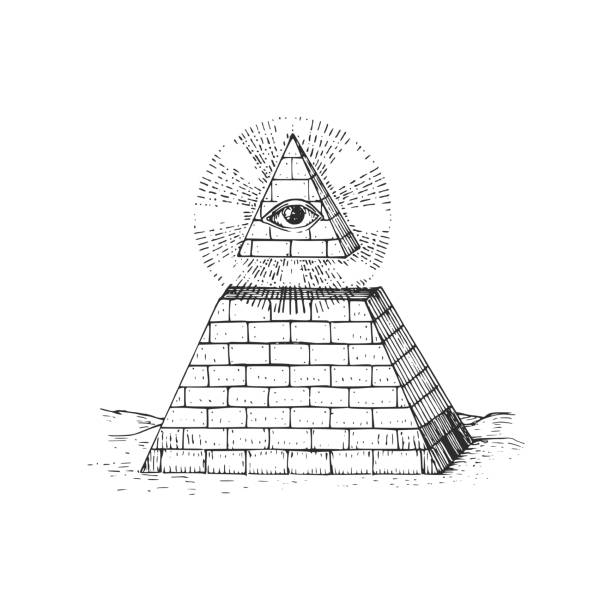 Eye of Providence and Pyramid, vector illustration in engraving style. Vintage pastiche of occult and freemasonry signs. Drawn sketch of magical and mystical symbols. Eye of Providence and Pyramid, vector illustration in engraving style. Vintage pastiche of occult and freemasonry signs. Drawn sketch of magical and mystical symbols. illuminati stock illustrations