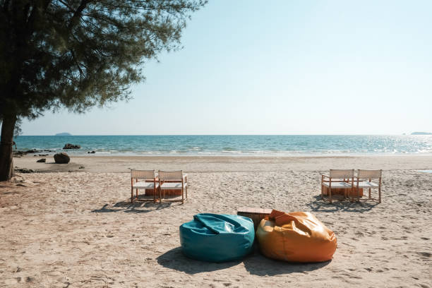 istock Beanbags and table set on the beach at rayong thailand 1367796318