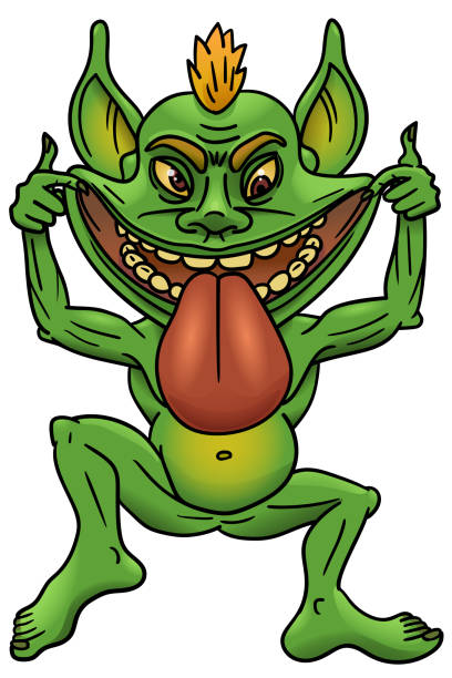 ein cartoon-troll springt auf sein bein und macht ein gesicht. - goblin stock-grafiken, -clipart, -cartoons und -symbole