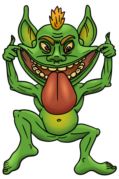 A cartoon troll jumps on his leg and makes a face. The green troll teases and shows his tongue. The cartoon depicts a rude user. goblin stock illustrations