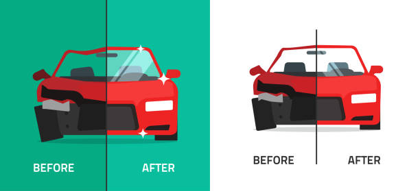 samochód przed uszkodzeniem i po naprawie wektor płaska kreskówka, zepsuty wypadek samochodowy kolizja i auto naprawiona ilustracja, baner serwisowy - auto repair shop stock illustrations