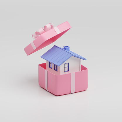 Render 3d de una casa en una caja de regalo, concepto inmobiliario. photo