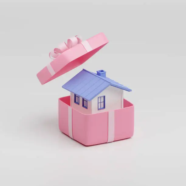 3d render of a house in a gift box, Real estate concept.