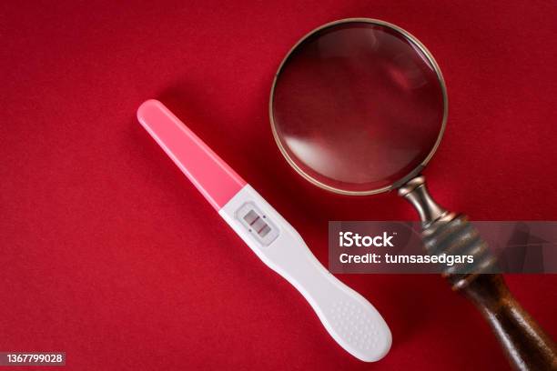 Positive Pregnancy Test And Magnifying Glass On A Red Background Stock Photo - Download Image Now
