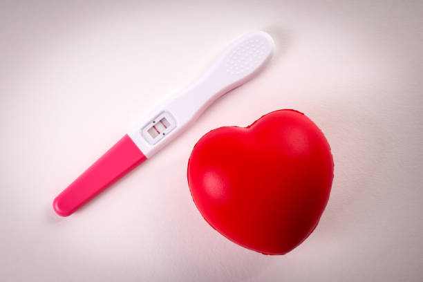 istock Red rubber heart and a positive pregnancy test on a white background 1367799031