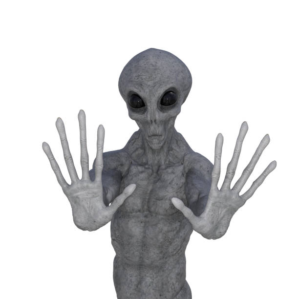 istock Humanoid alien shows stop gesture with hands. Isolated on white background. 3D rendering illustration. Front view. Close up. 1367799980