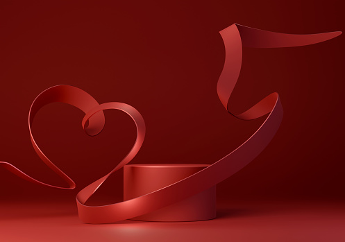Red product display podium on red background, heart shape red ribbon bending around podium. Valentines day modern minimalistic mockup, podium display for product presentation. 3D rendering