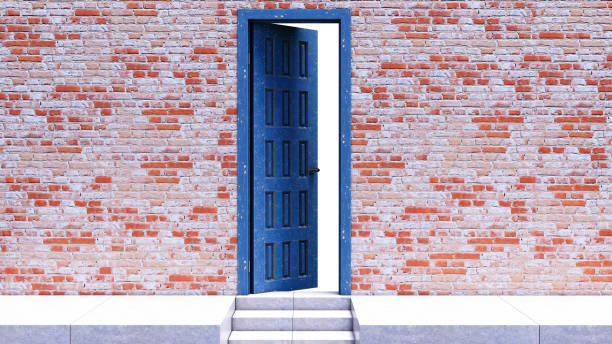 istock 3d render of a blue door open on brick wall, 3d open door 1367800075