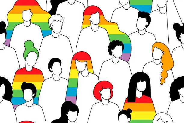 Vector illustration of Seamless pattern with LGBT group of people. LGBT community. LGBTQ.  LGBT pride month background.lgbtqia history month. crowd of gay people, lesbians, transgender and bisexual. people pattern with rainbow flag colors.seamless pattern lgbt concept support.