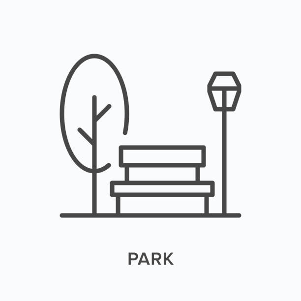 illustrations, cliparts, dessins animés et icônes de icône de ligne plate de stationnement. illustration vectorielle d’un arbre, d’un lampadaire et d’un banc. pictogramme linéaire mince noir pour un lieu de nature urbaine - bench park park bench silhouette
