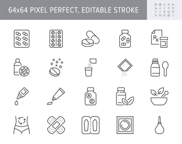 illustrations, cliparts, dessins animés et icônes de icônes de ligne de pharmacie. l’illustration vectorielle comprend l’icône - rx, pilule effervescente, blister, sachet, bandage, pictogramme de contour de bouteille de capsule pour les médicaments médicamenteux. 64x64 pixel parfait, trait modifiable - pill